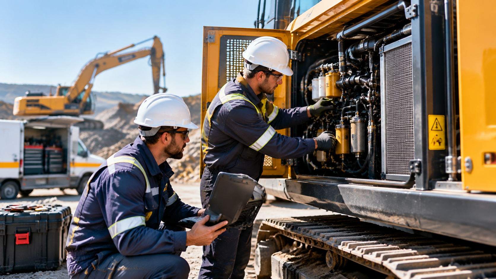 Worker inspecting heavy machinery components during an equipment review