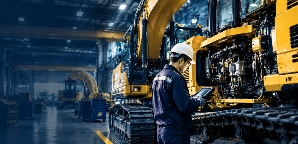 Person holding a tablet beside a tracked excavator inside an industrial hall