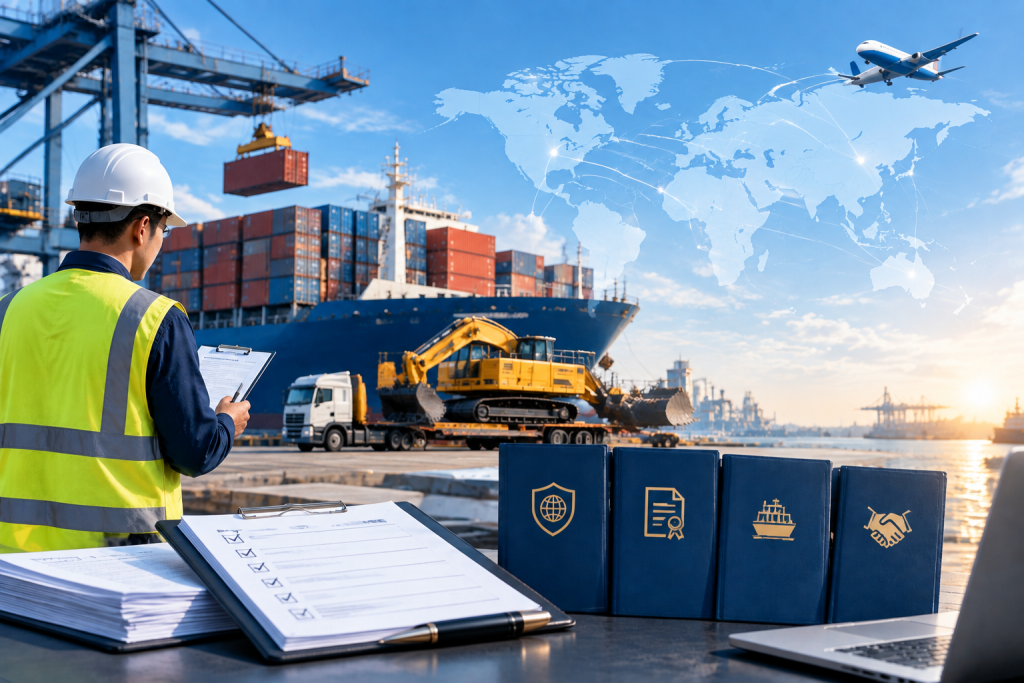 Illustrative machinery shipment scene with an excavator, cargo port and shipping documents