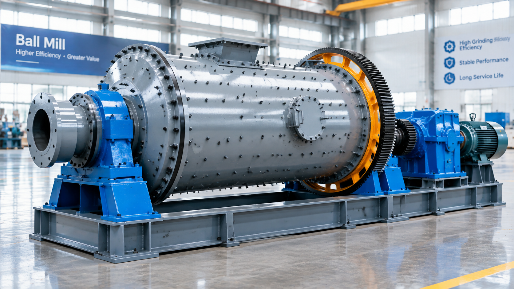 Industrial ball mill with cylindrical drum and gear drive for mining and mineral grinding
