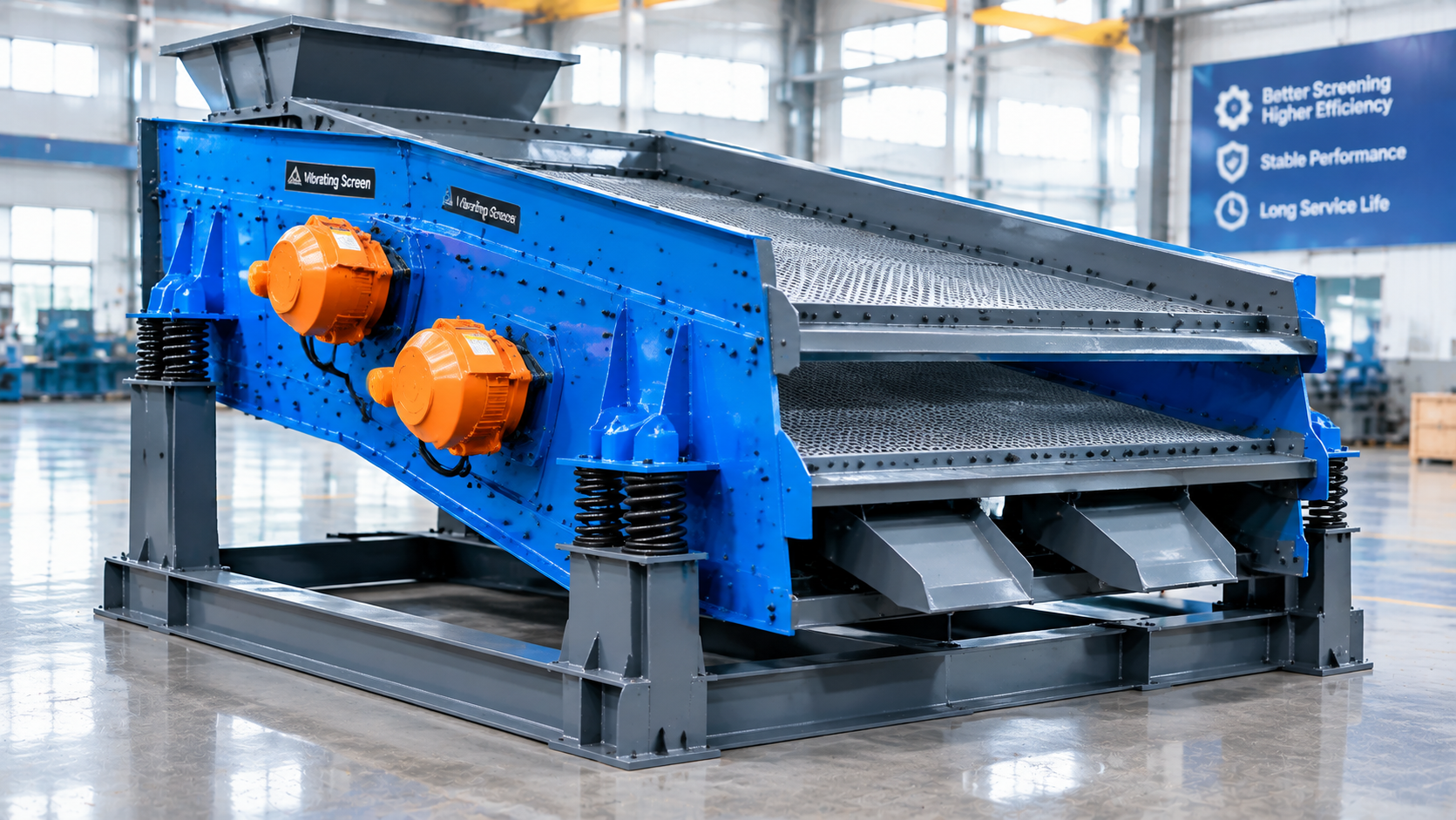 Vibrating screen separating mineral and aggregate material by size.