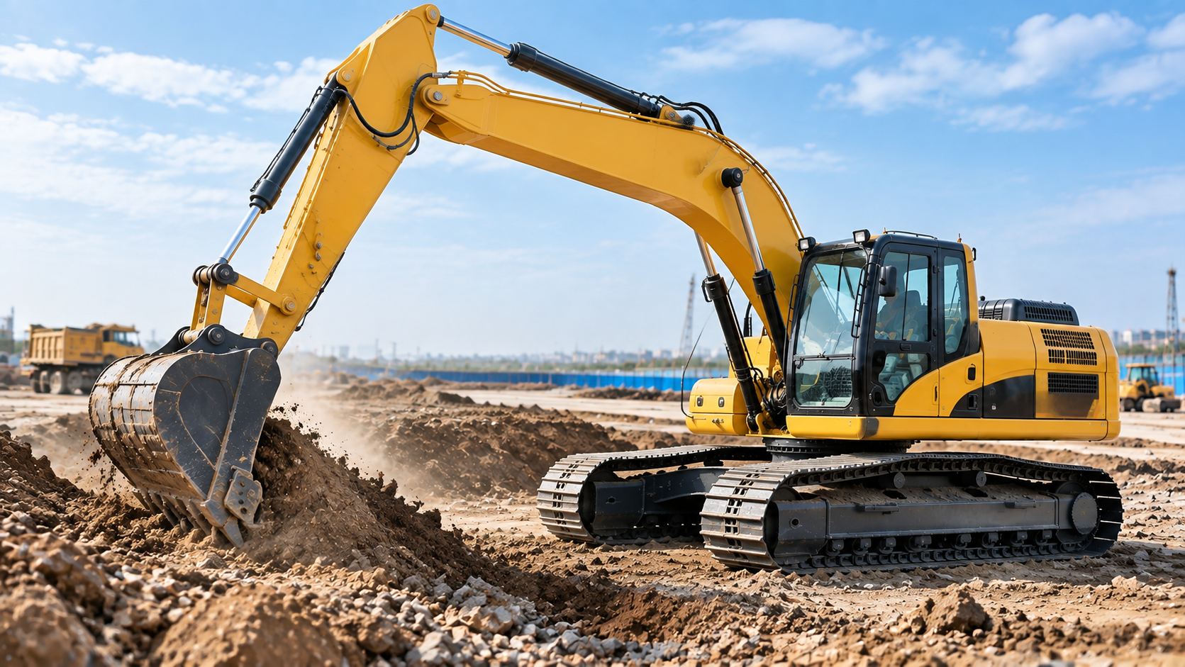 Crawler excavator with boom and bucket for earthmoving and construction applications