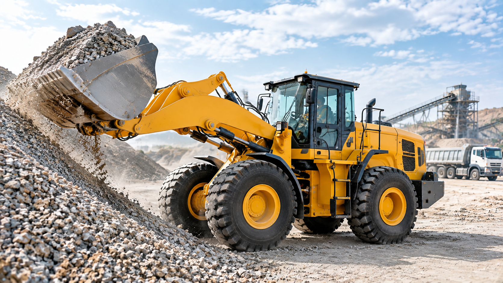 Wheel loader with bucket handling gravel at a quarry for construction and aggregate work