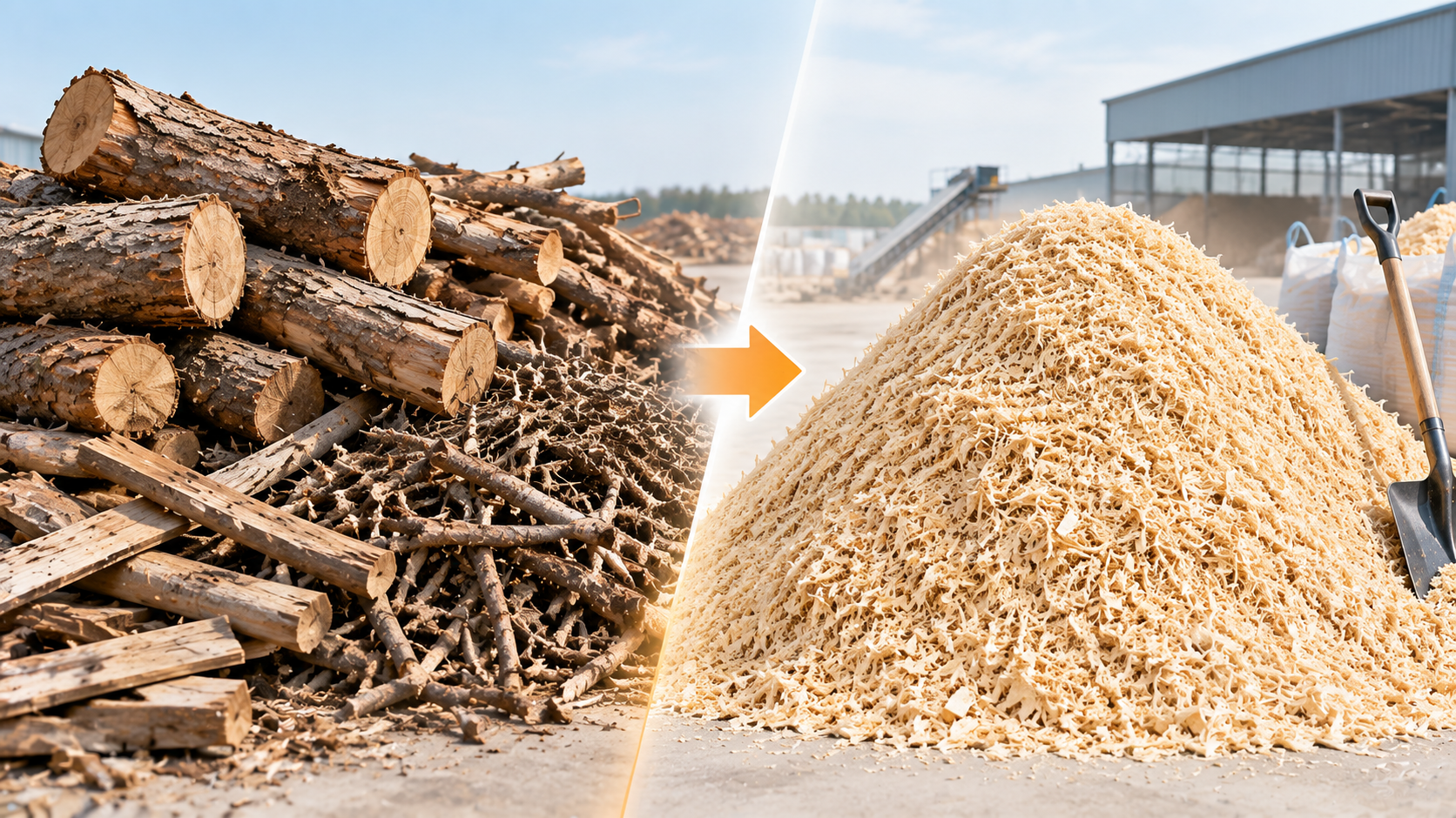 Wood crusher process illustration showing logs and waste wood converted into wood chips