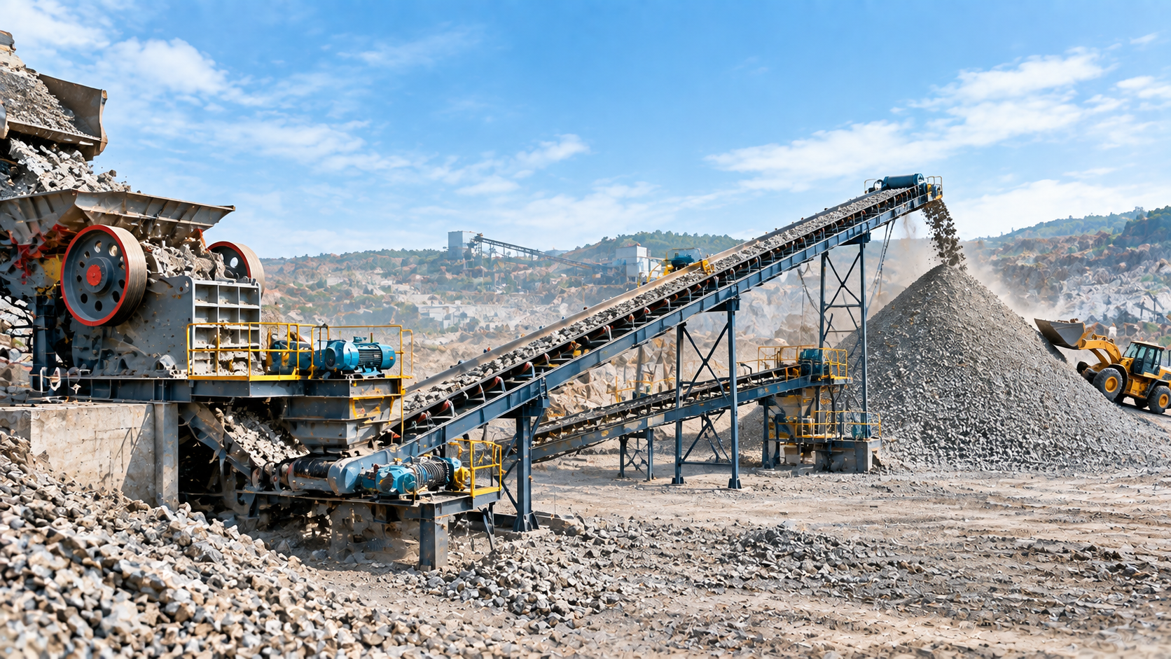 Mining crusher and belt conveyor system moving aggregate to a stockpile