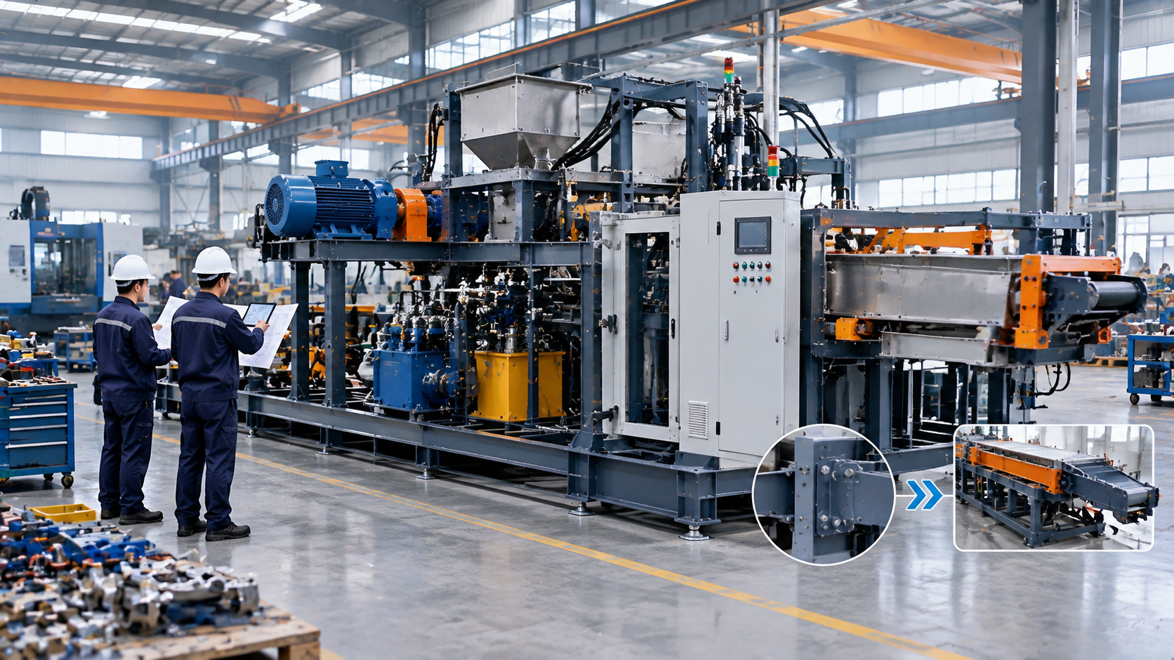 Custom industrial machinery line with hydraulic components, conveyors and control cabinets