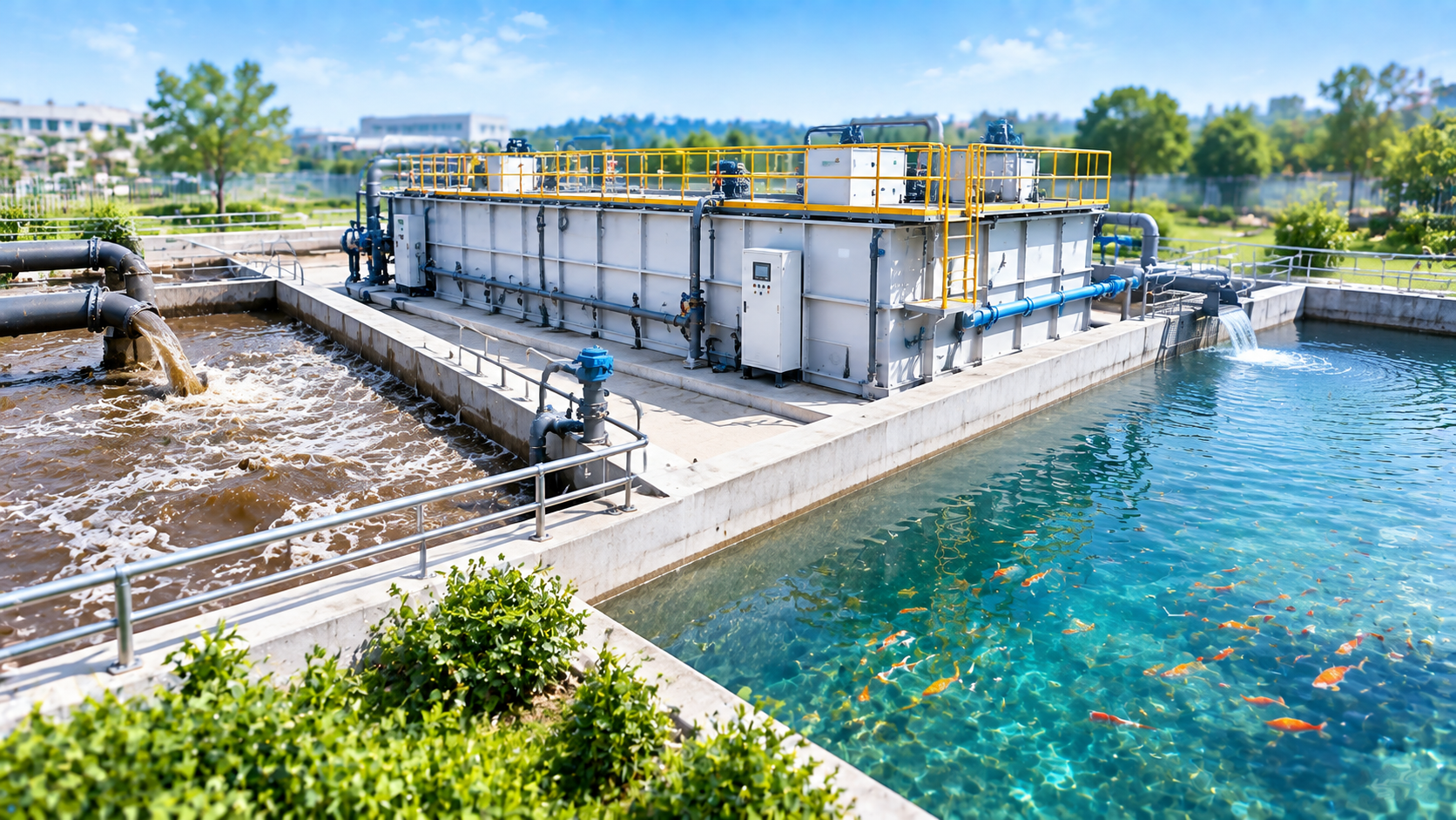Industrial wastewater treatment unit beside aeration basins and a treated-water pond