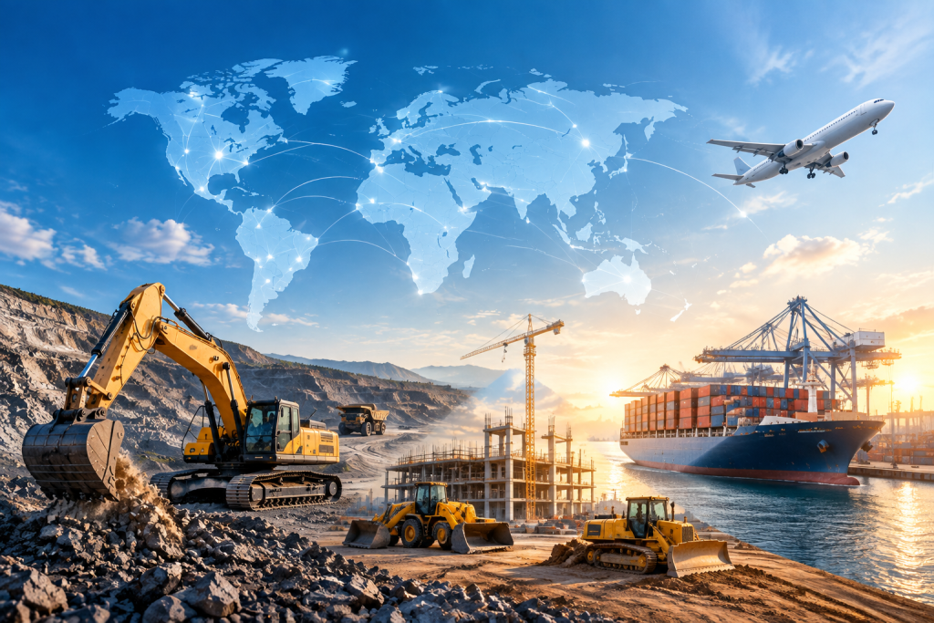 Illustrative collage of mining equipment, construction machinery and port shipping