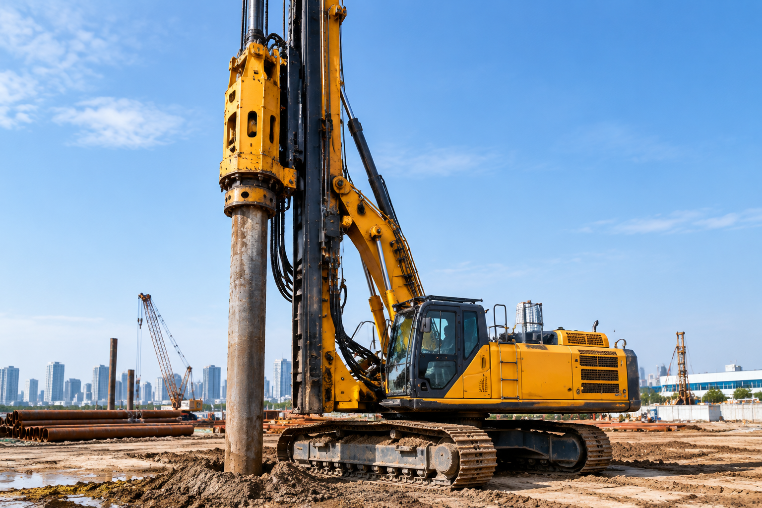 Hydraulic piling rig for foundation work at a construction site.