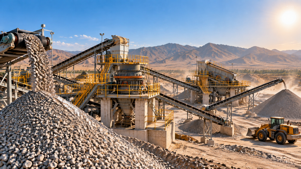 Uzbekistan aggregate crushing plant operating under high temperature conditions with screening and conveyor systems