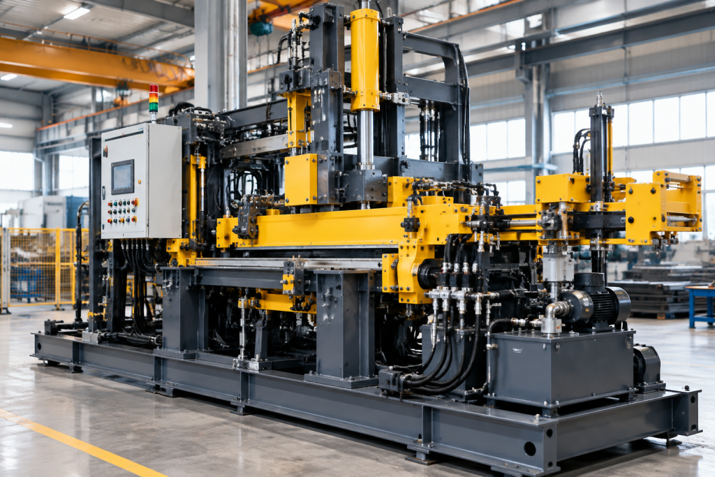 Industrial machinery with hydraulic components and a control cabinet in a workshop