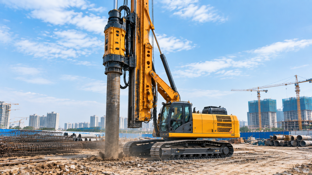 Hydraulic piling rig with vertical mast for foundation and infrastructure construction