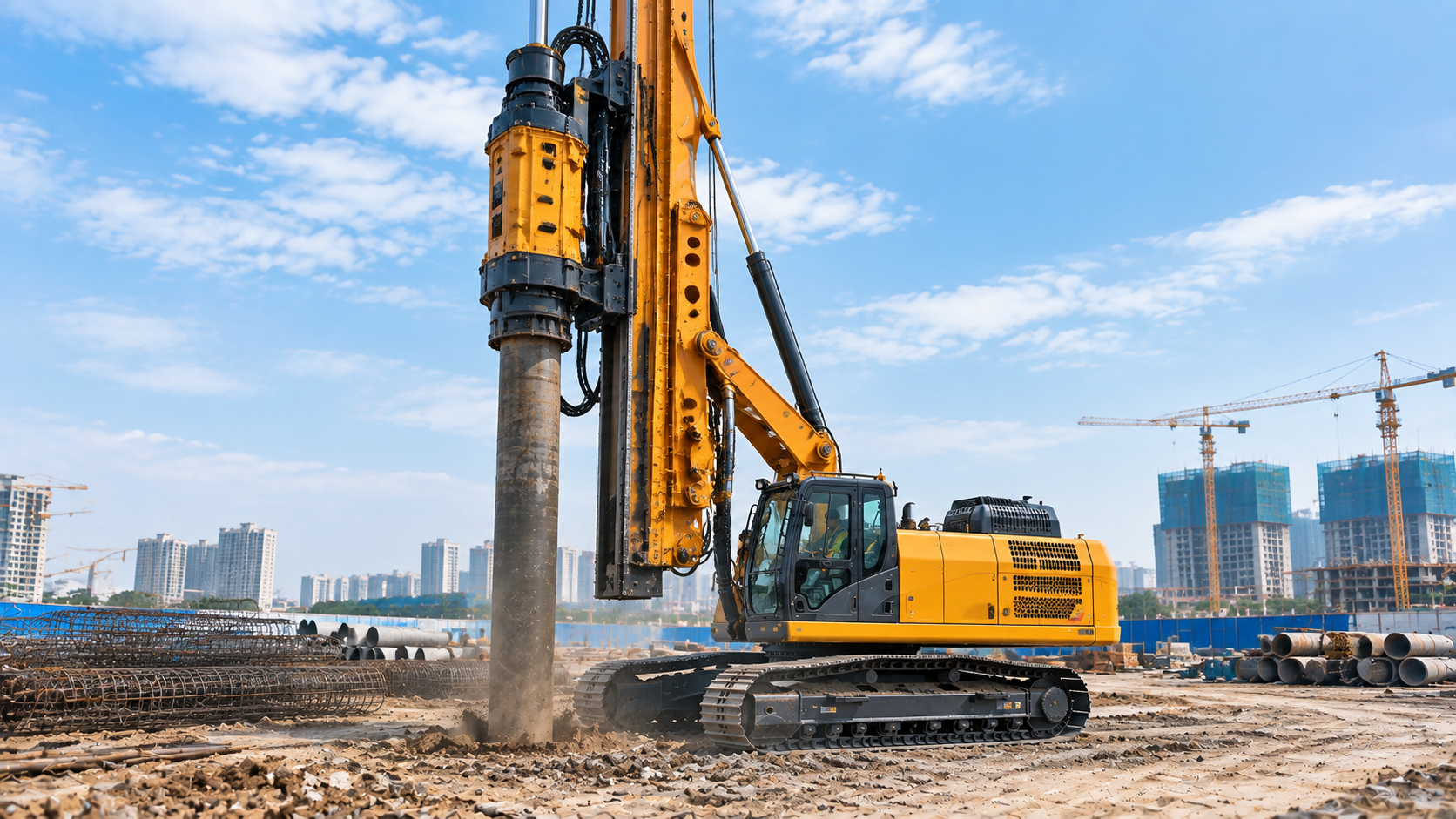 Hydraulic piling rig with vertical mast for foundation and infrastructure construction