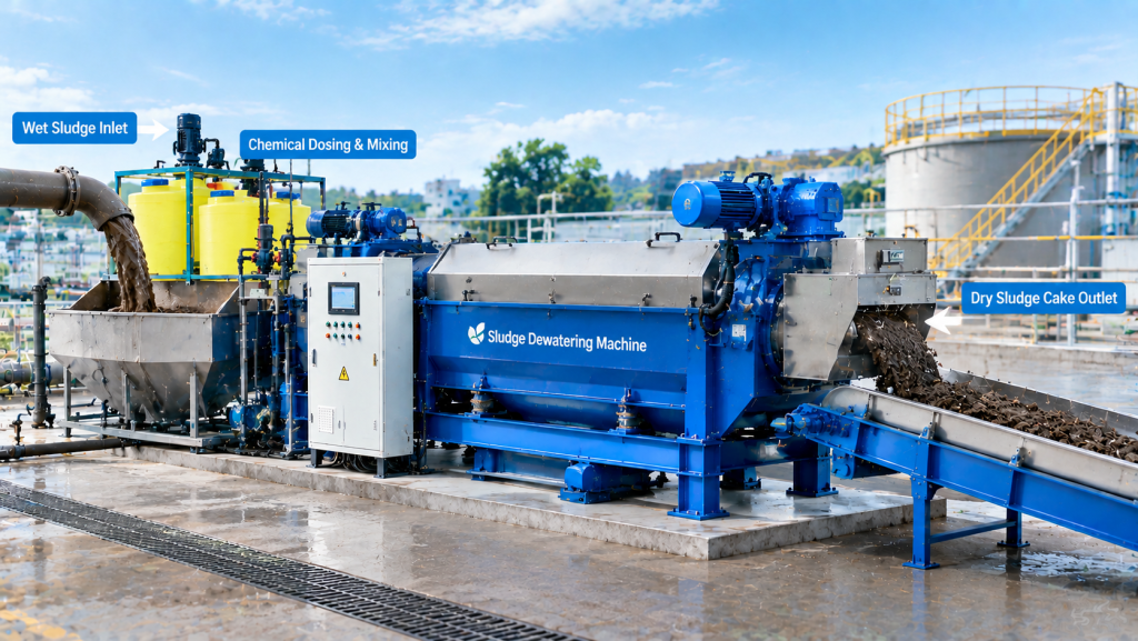 Sludge dewatering machine with wet sludge inlet, chemical dosing and cake outlet